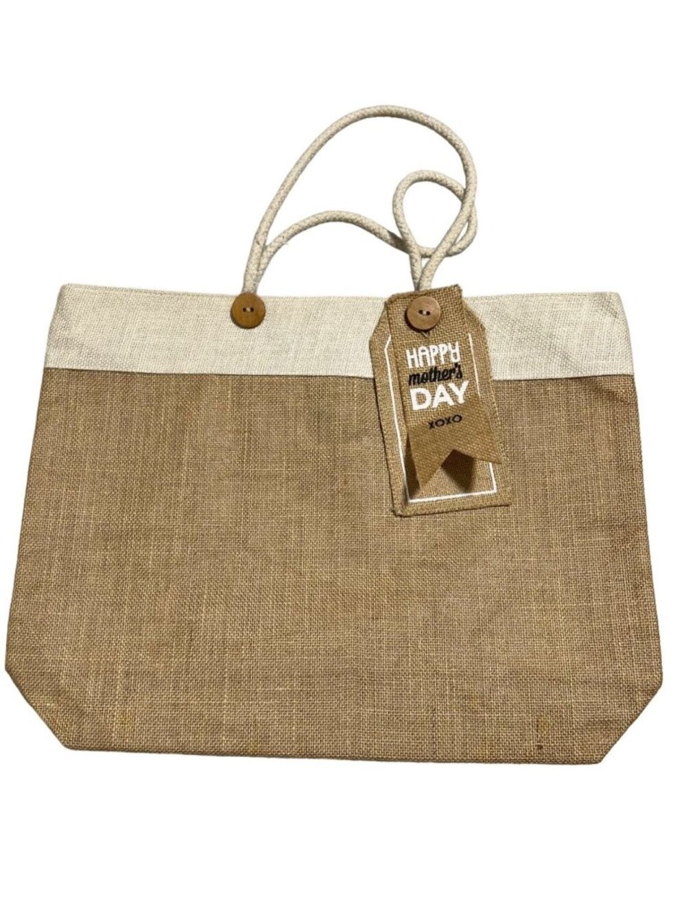 Mud Pie tan cream jute Everyday Tote Happy Mother's Day Tag NWOT gift burlap bag